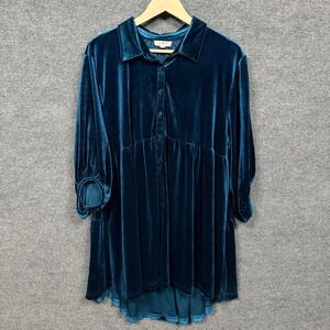 Umgee USA Large Shirt Dress Teal Mini Tiered Jewel Tone Velour Party Cocktail